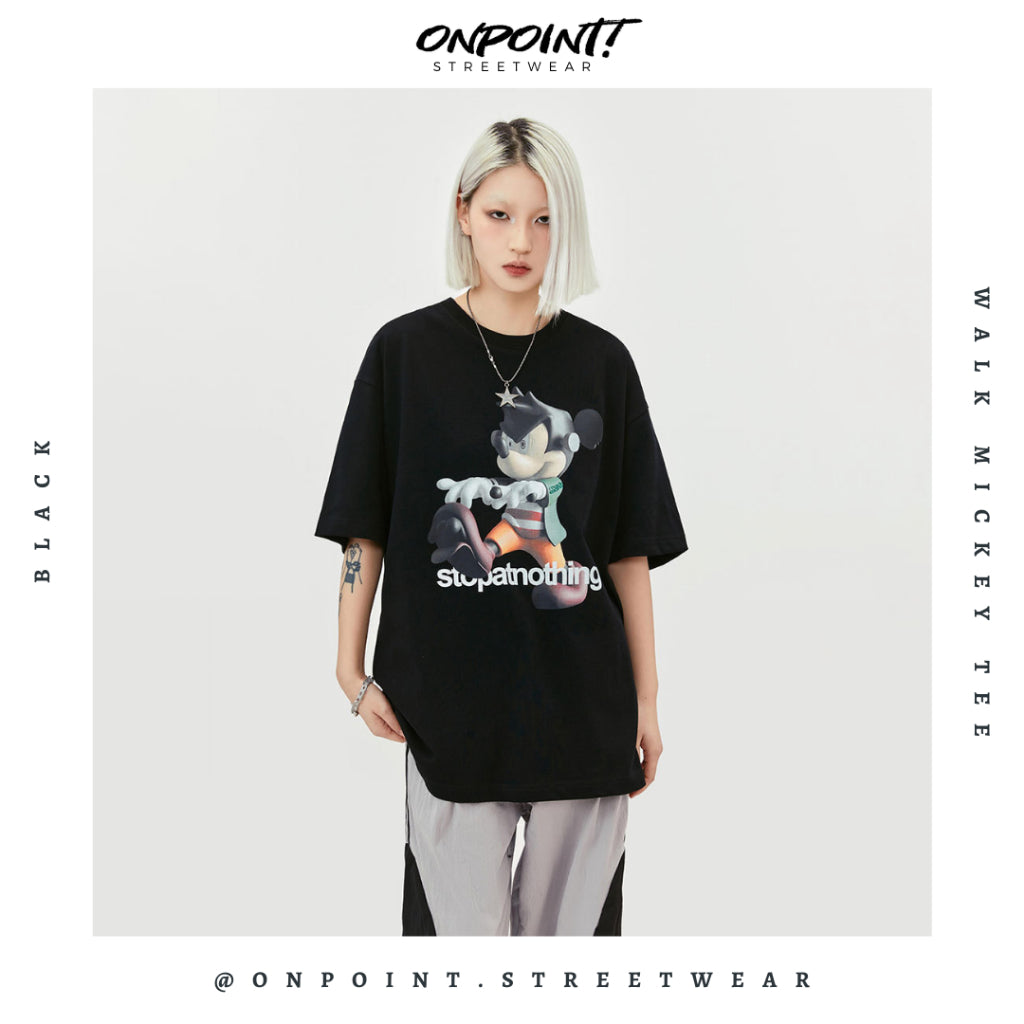 Walk Mickey Tee - T shirt pria wanita oversize jumbo kualitas premium gaya korea