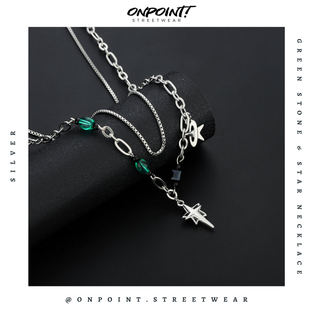 Green Stone Necklace - kalung pria aksesoris pria fashion silver korea streetwear kalung necklace perhiasan