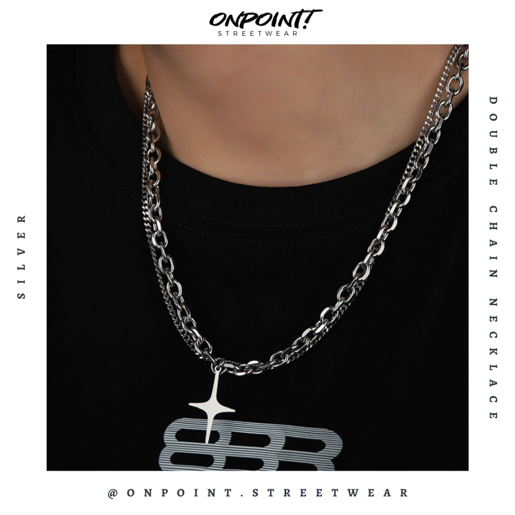 Double Chain Necklace - kalung pria aksesoris pria fashion silver korea streetwear kalung necklace perhiasan