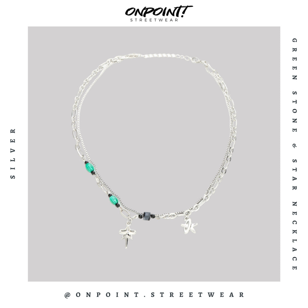 Green Stone Necklace - kalung pria aksesoris pria fashion silver korea streetwear kalung necklace perhiasan