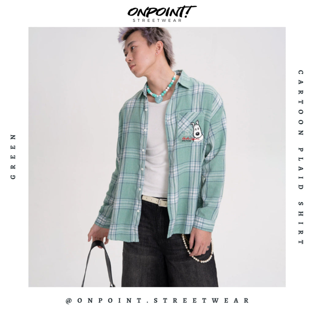 Cartoon Plaid Shirt - kemeja denim pria kemeja jeans wanita oversize gaya korea sablon premium jumbo hem pria oversize kemeja korea streetwear