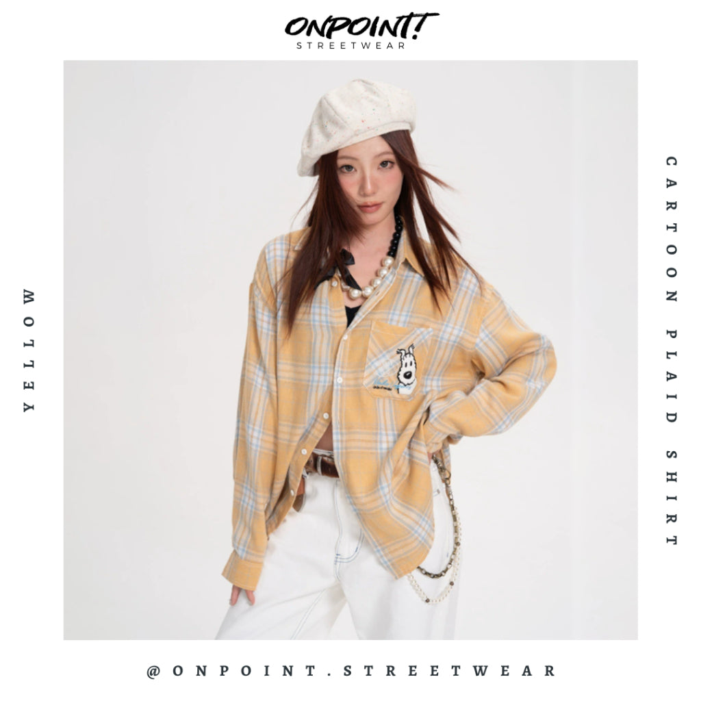 Cartoon Plaid Shirt - kemeja denim pria kemeja jeans wanita oversize gaya korea sablon premium jumbo hem pria oversize kemeja korea streetwear