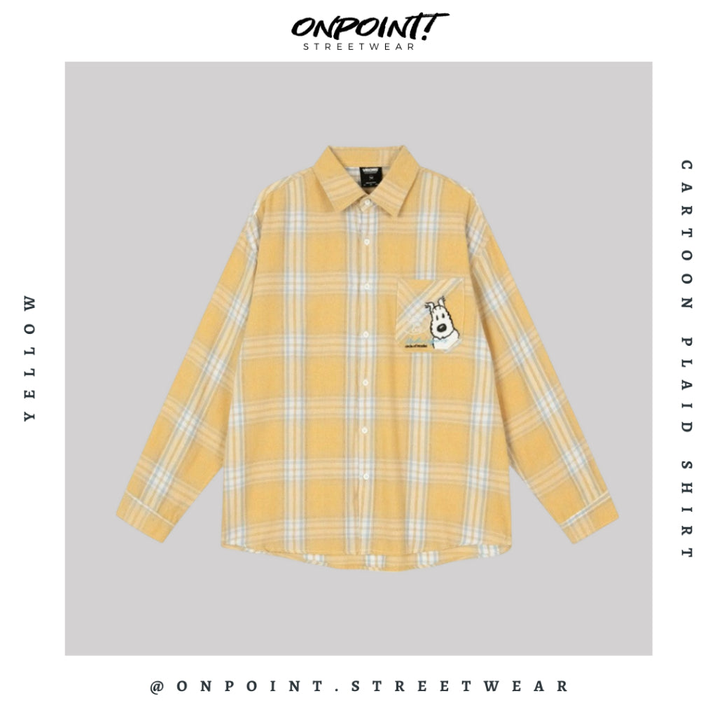 Cartoon Plaid Shirt - kemeja denim pria kemeja jeans wanita oversize gaya korea sablon premium jumbo hem pria oversize kemeja korea streetwear
