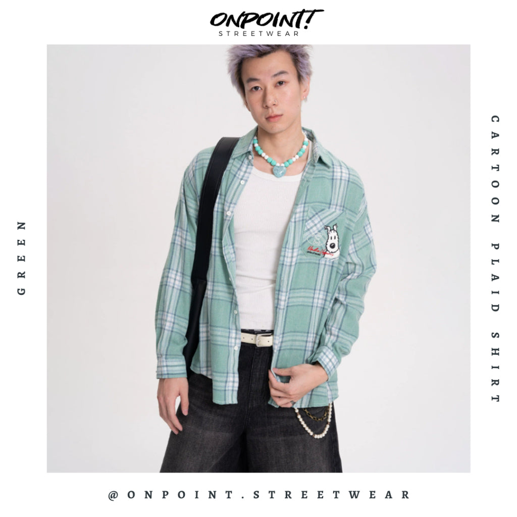 Cartoon Plaid Shirt - kemeja denim pria kemeja jeans wanita oversize gaya korea sablon premium jumbo hem pria oversize kemeja korea streetwear