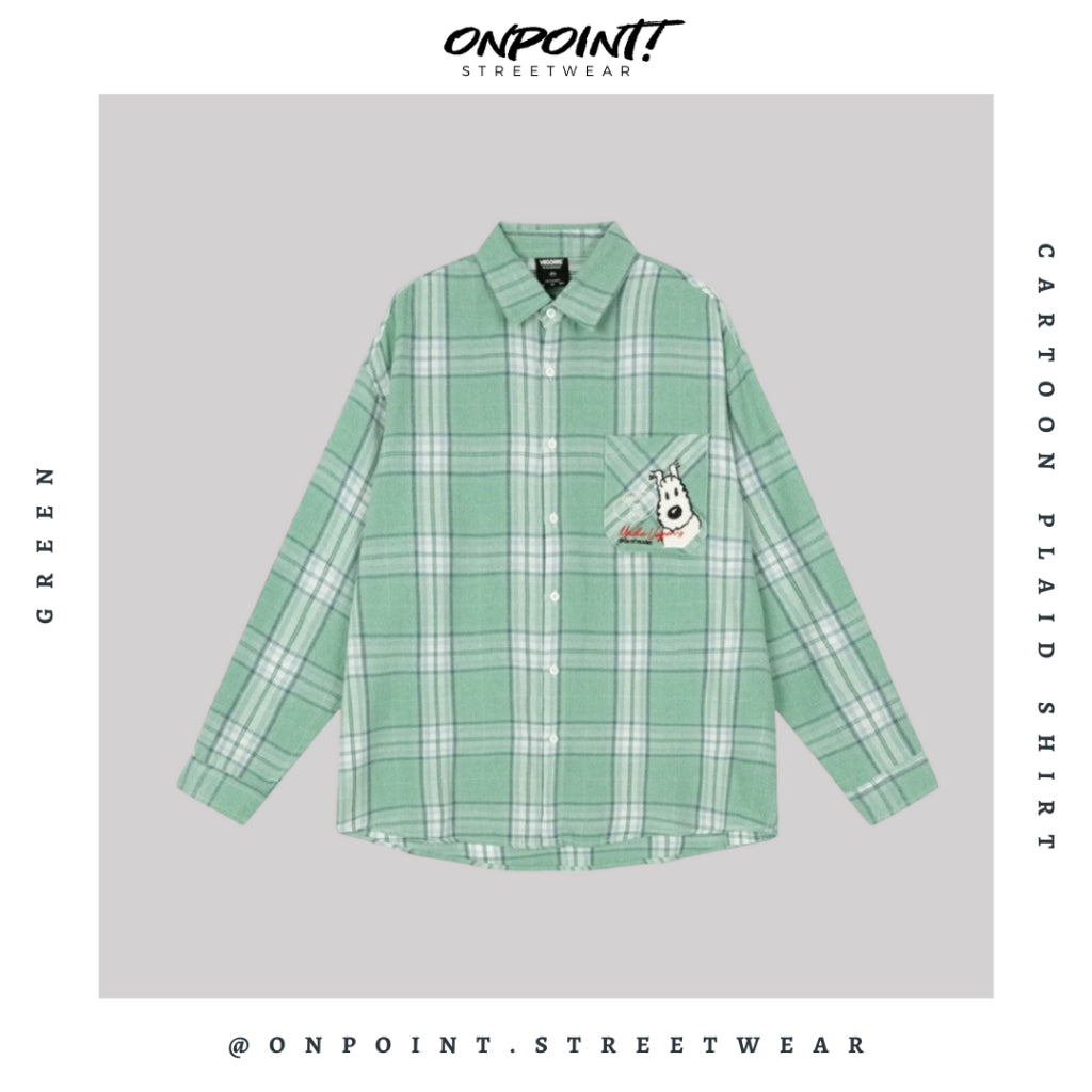 Cartoon Plaid Shirt - kemeja denim pria kemeja jeans wanita oversize gaya korea sablon premium jumbo hem pria oversize kemeja korea streetwear