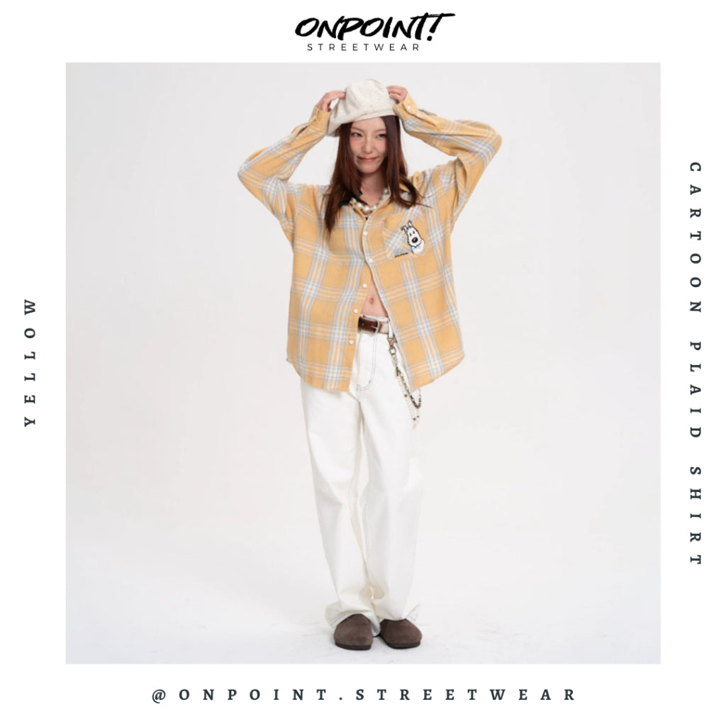 Cartoon Plaid Shirt - kemeja denim pria kemeja jeans wanita oversize gaya korea sablon premium jumbo hem pria oversize kemeja korea streetwear
