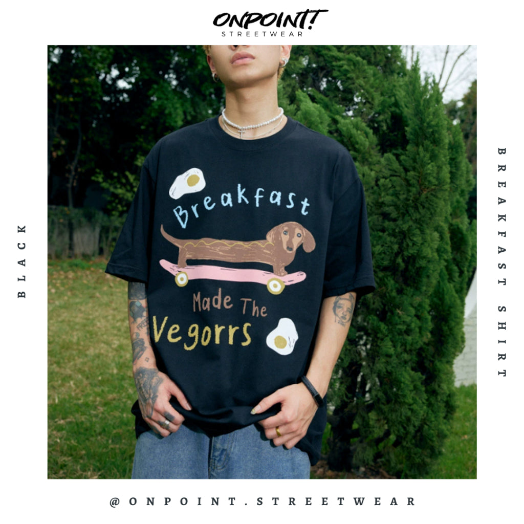 Breakfast Tee - kaos pria dewasa gaya korea premium distro lengan pendek jumbo oversize sablon stripe t-shirt oversize atasan pria oversize bahan katun