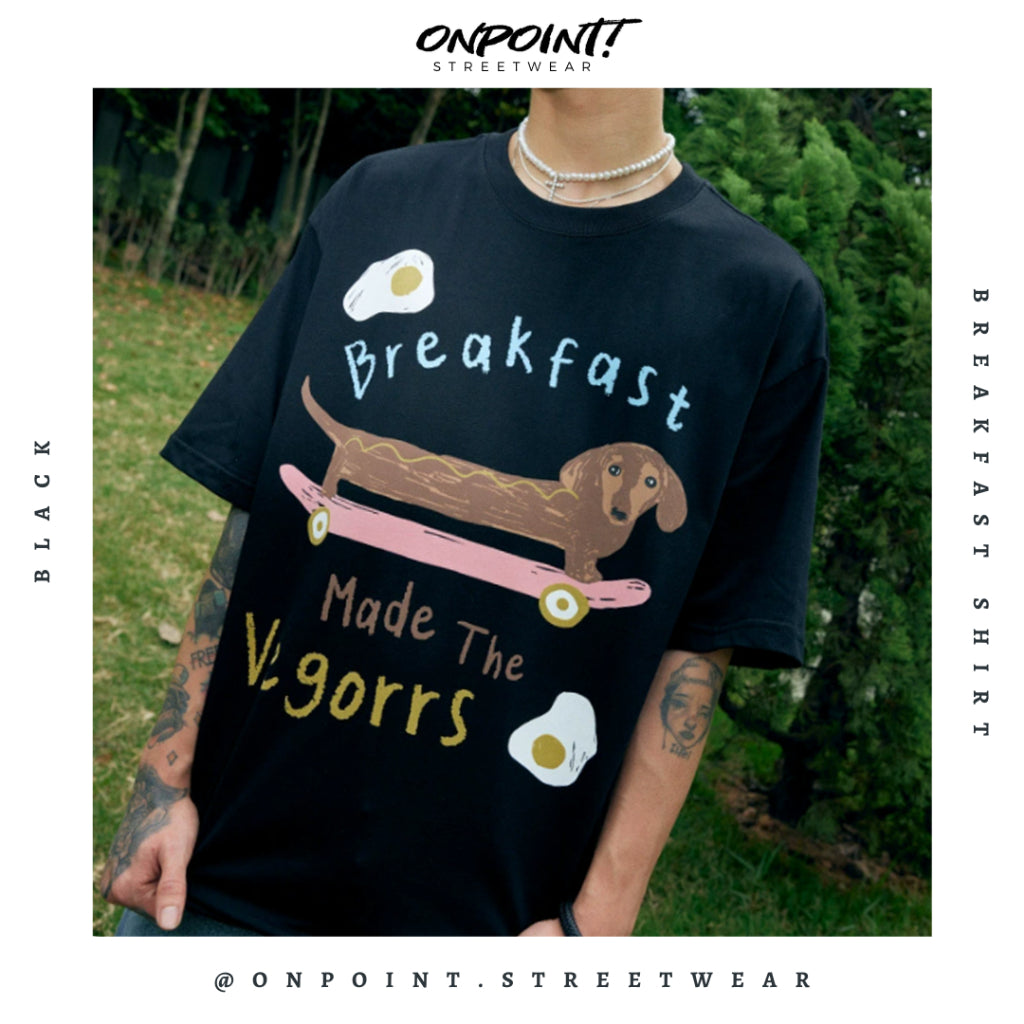 Breakfast Tee - kaos pria dewasa gaya korea premium distro lengan pendek jumbo oversize sablon stripe t-shirt oversize atasan pria oversize bahan katun