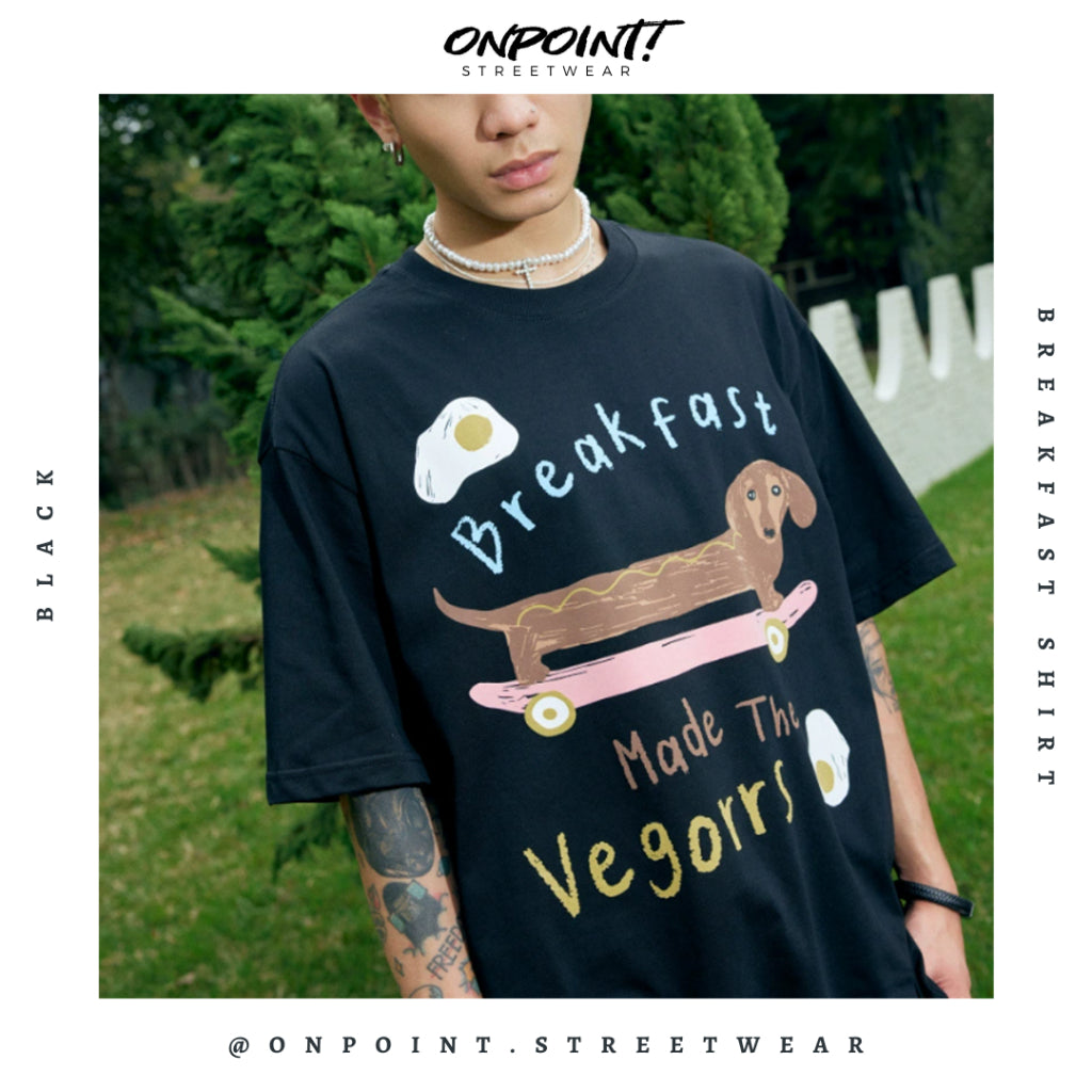Breakfast Tee - kaos pria dewasa gaya korea premium distro lengan pendek jumbo oversize sablon stripe t-shirt oversize atasan pria oversize bahan katun