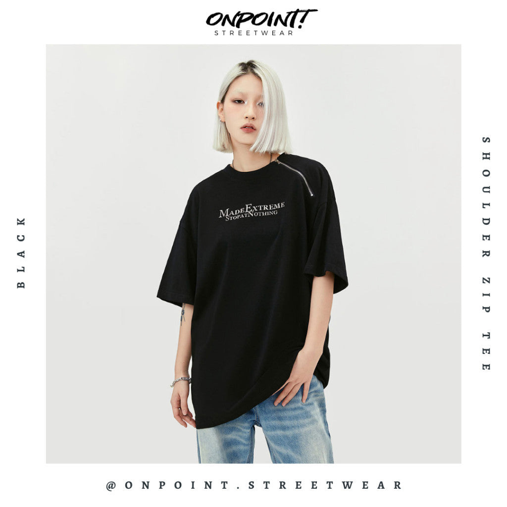 Shoulder Zip Tee - T shirt pria wanita oversize jumbo kualitas premium gaya korea kpop