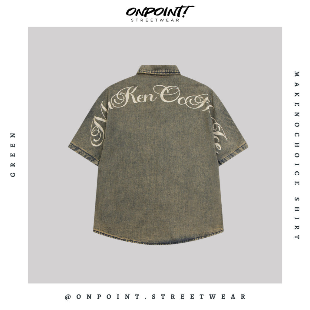 Make no choice outer - jaket denim lengn pendek pria kemeja jeans wanita oversize gaya korea sablon premium jumbo hem pria oversize kemeja korea streetwear