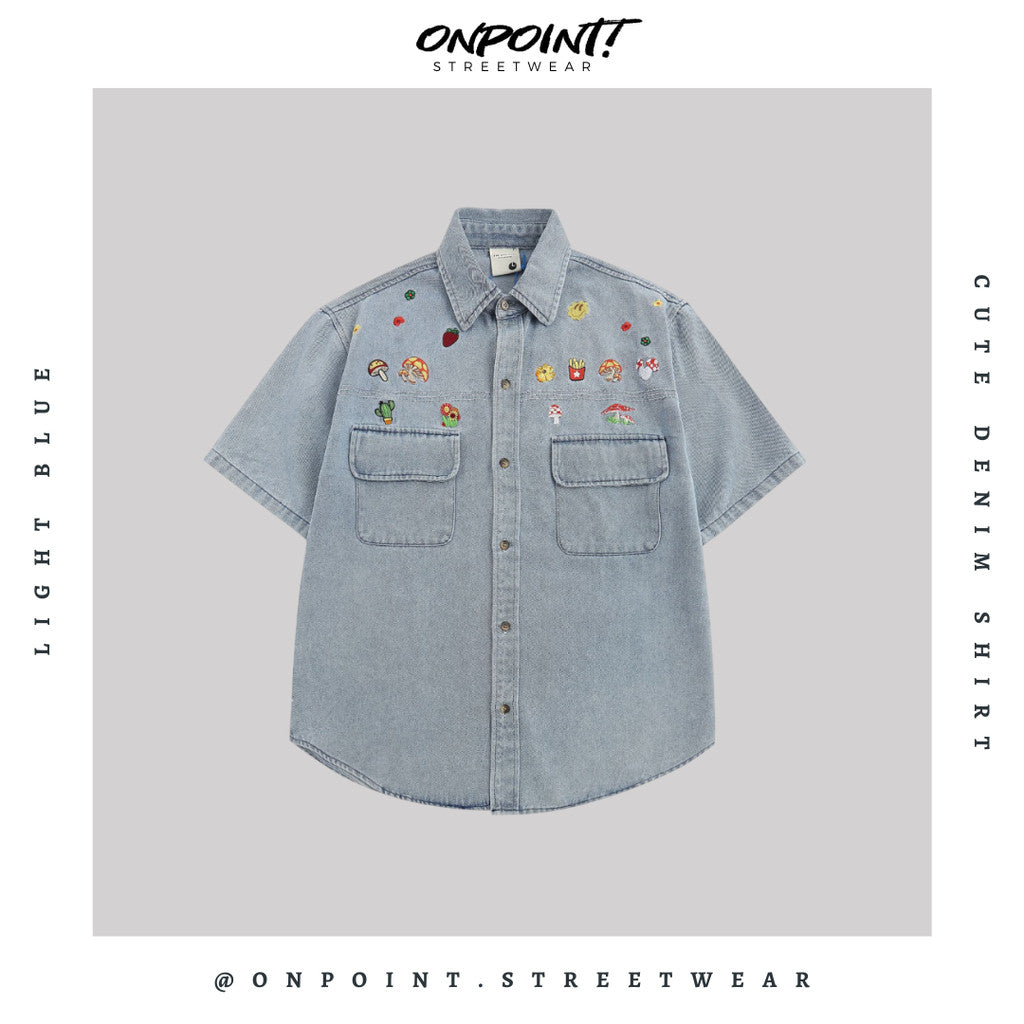 Cute denim shirt - kemeja denim pria kemeja jeans wanita oversize gaya korea sablon premium jumbo hem pria oversize kemeja korea streetwear