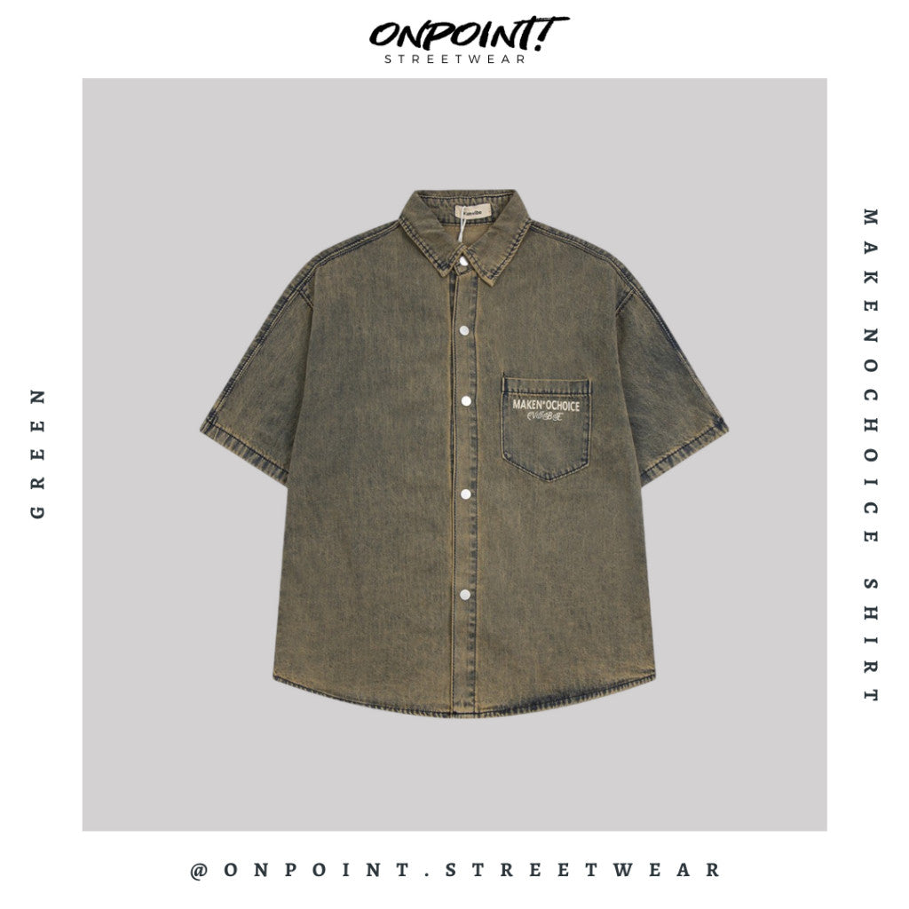 Make no choice outer - jaket denim lengn pendek pria kemeja jeans wanita oversize gaya korea sablon premium jumbo hem pria oversize kemeja korea streetwear