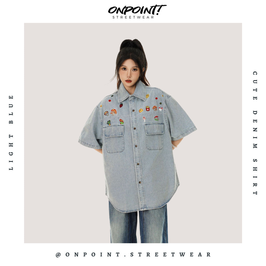 Cute denim shirt - kemeja denim pria kemeja jeans wanita oversize gaya korea sablon premium jumbo hem pria oversize kemeja korea streetwear