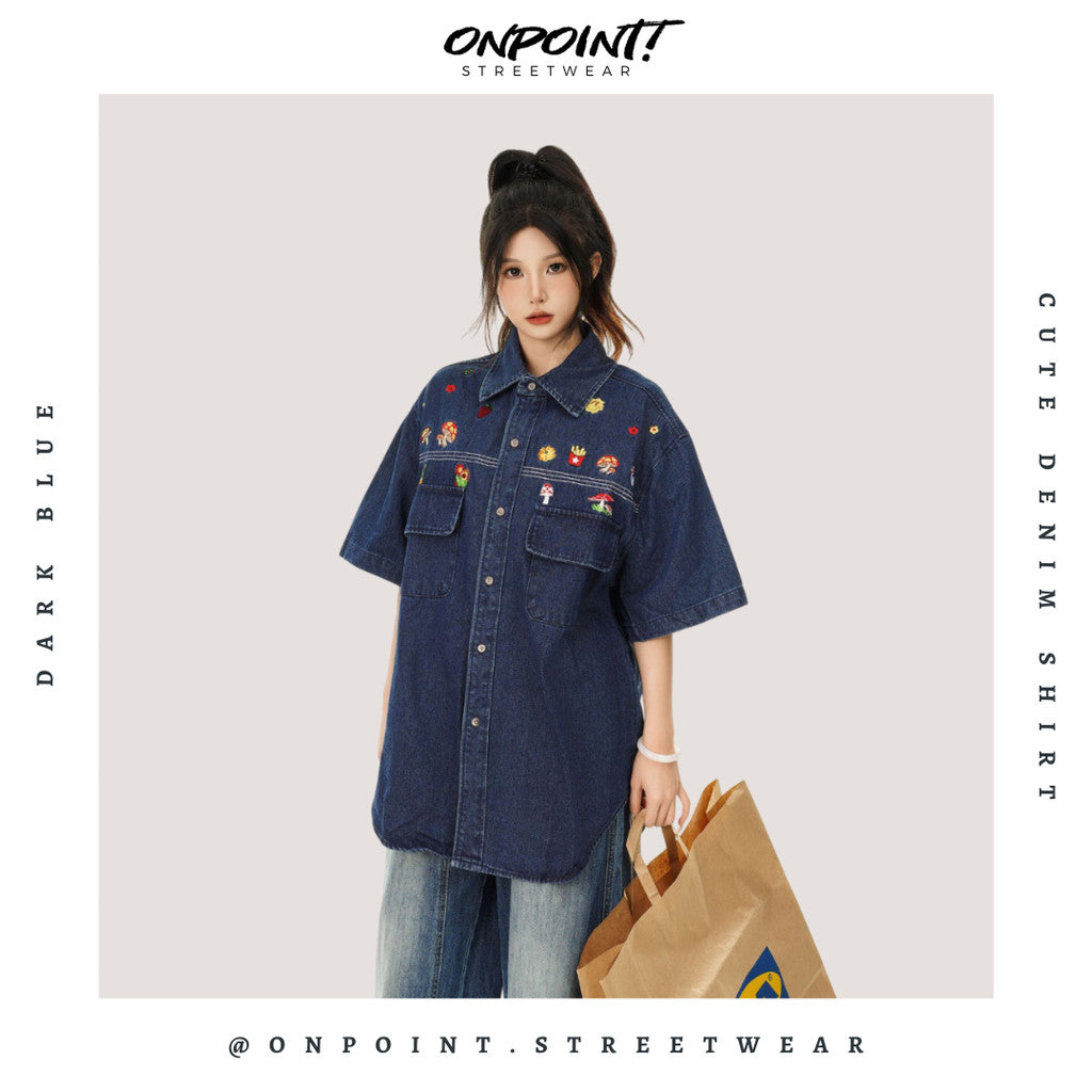 Cute denim shirt - kemeja denim pria kemeja jeans wanita oversize gaya korea sablon premium jumbo hem pria oversize kemeja korea streetwear