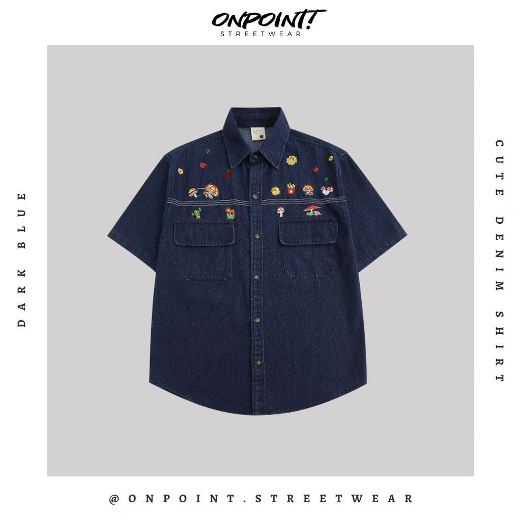 Cute denim shirt - kemeja denim pria kemeja jeans wanita oversize gaya korea sablon premium jumbo hem pria oversize kemeja korea streetwear