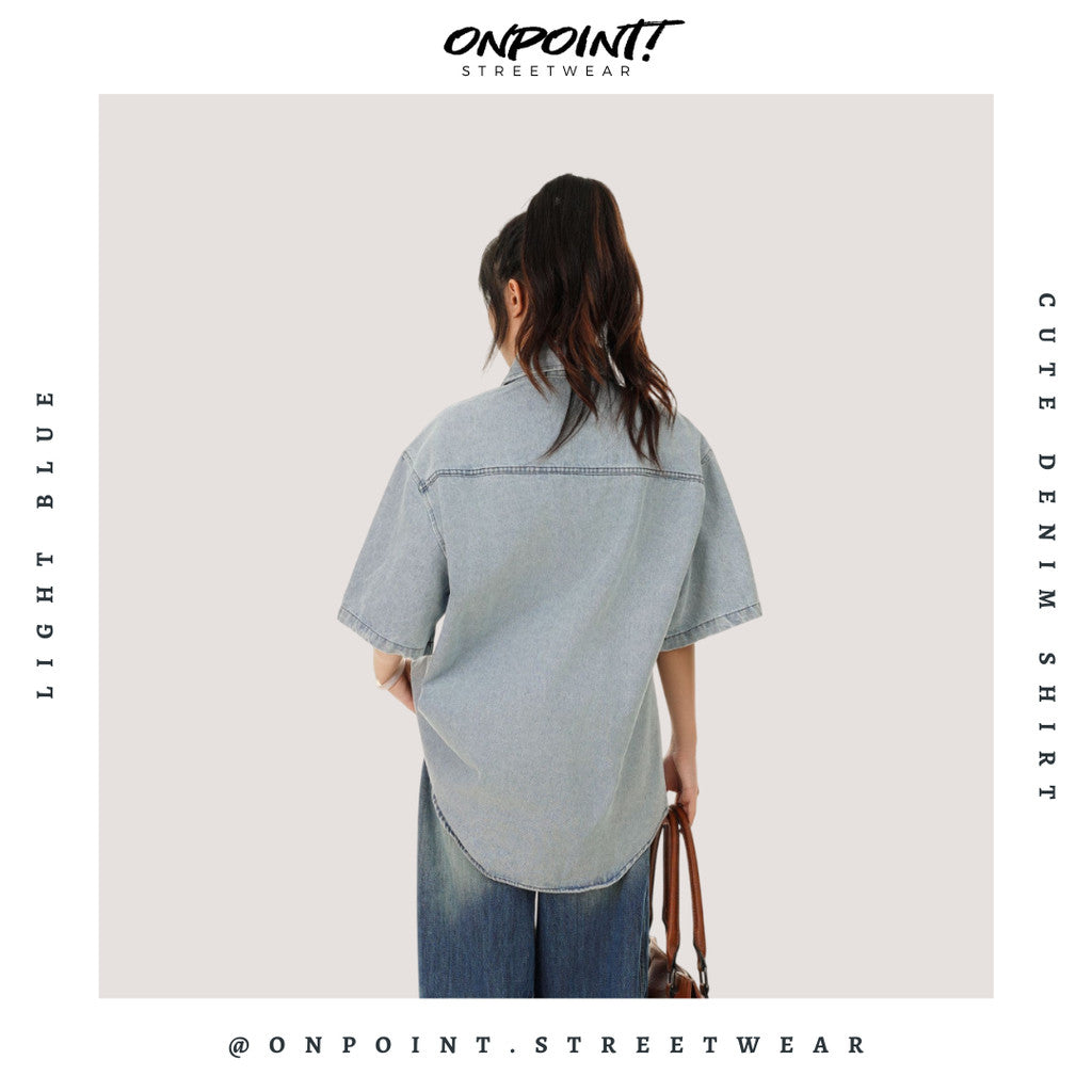 Cute denim shirt - kemeja denim pria kemeja jeans wanita oversize gaya korea sablon premium jumbo hem pria oversize kemeja korea streetwear